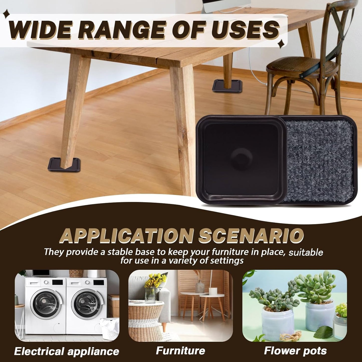 ASTIMESA 8 Pieces 3" Square Furniture Sliders, Heavy Duty Furniture Pads Cups with Carpet Base, Reusable Floor Protectors for Hardwood Vinyl Tile Couch Table Chair Bottom (Brown) (78mm, Square)
