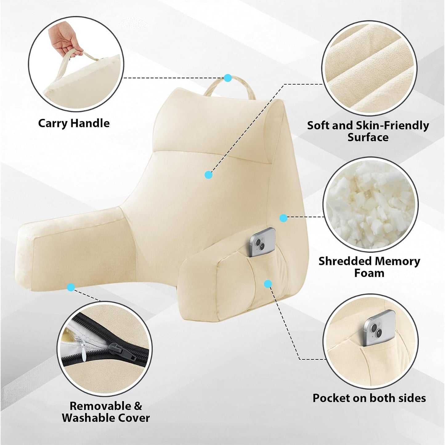 IPYNBAP Back Pillow for Bed Sitting up, Reading Pillow for Sitting in Bed Adult, Back Support Pillow, Memory Foam Sit up Lounge Backrest Pillow with Arms for TV, Couch, Chair, Dorm, 18 Inch, Grey
