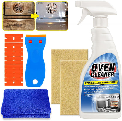 Oven Cleaner Heavy Duty 500ml, Complete Oven Cleaner Non Toxic Fume Free with Non-Scratch Scraper, Cloth, Easy Deep Clean for Racks, Grills, BBQ, Air Fryers, Kitchens, Outdoor and Vehicles