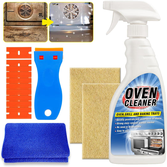 Oven Cleaner Heavy Duty 500ml, Complete Oven Cleaner Non Toxic Fume Free with Non-Scratch Scraper, Cloth, Easy Deep Clean for Racks, Grills, BBQ, Air Fryers, Kitchens, Outdoor and Vehicles