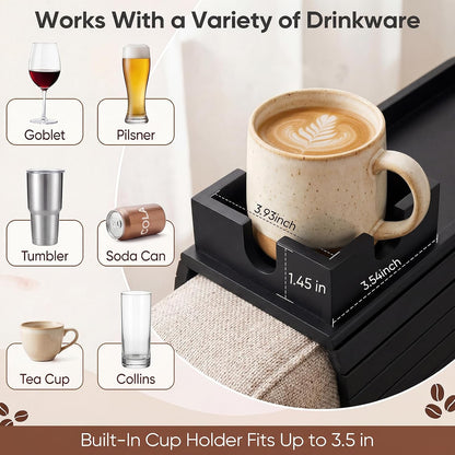 Bamboo Couch Arm Tray Table with Built-in Cup Holder, Foldable Anti-Slip Sofa Armrest Table for Drinks, Phone & Remote, Fits 4.7–16.9 in Armrests, Holds Cups up to 3.5 in Diameter (Bamboo)