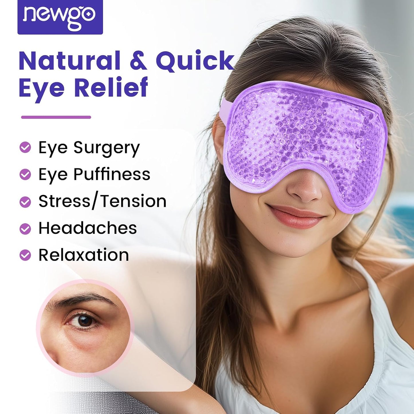 NEWGO Cooling Gel Eye Mask - Reusable Cold Pack for Puffy Eyes, Dark Circles, Migraine, Stress Relief - Purple With Soft Plush Backing