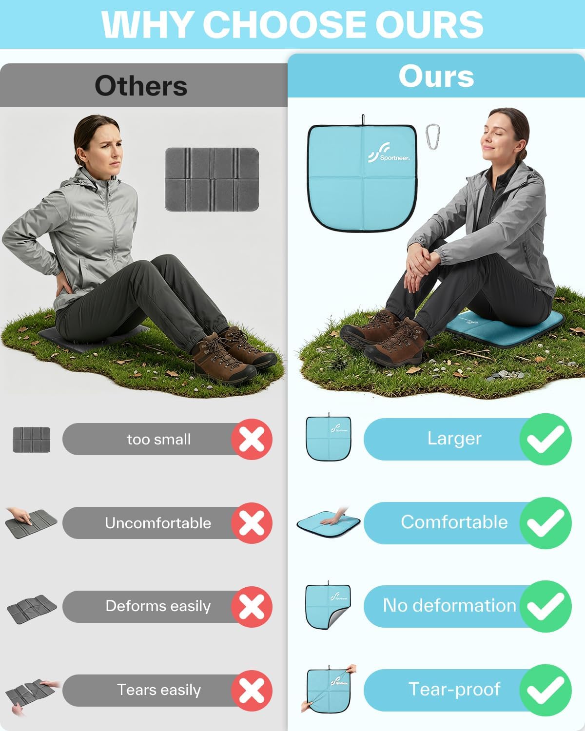 Sportneer Sitting Pad, 0.13lbs Lightweight Waterproof Folding Seat Pad for Backpacking, 15.75'' x 15.75'' Portable Camping Seat Mat for Hiking, Picnics & Outdoor Use
