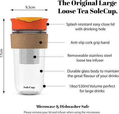 Large Travel Mug Loose Tea Infuser - Detachable Tea Strainer with Spill Proof Lid - 18oz/530ml BPA-Free Reusable Glass Travel Coffee Cup with Cork Band (Pink, 18oz)