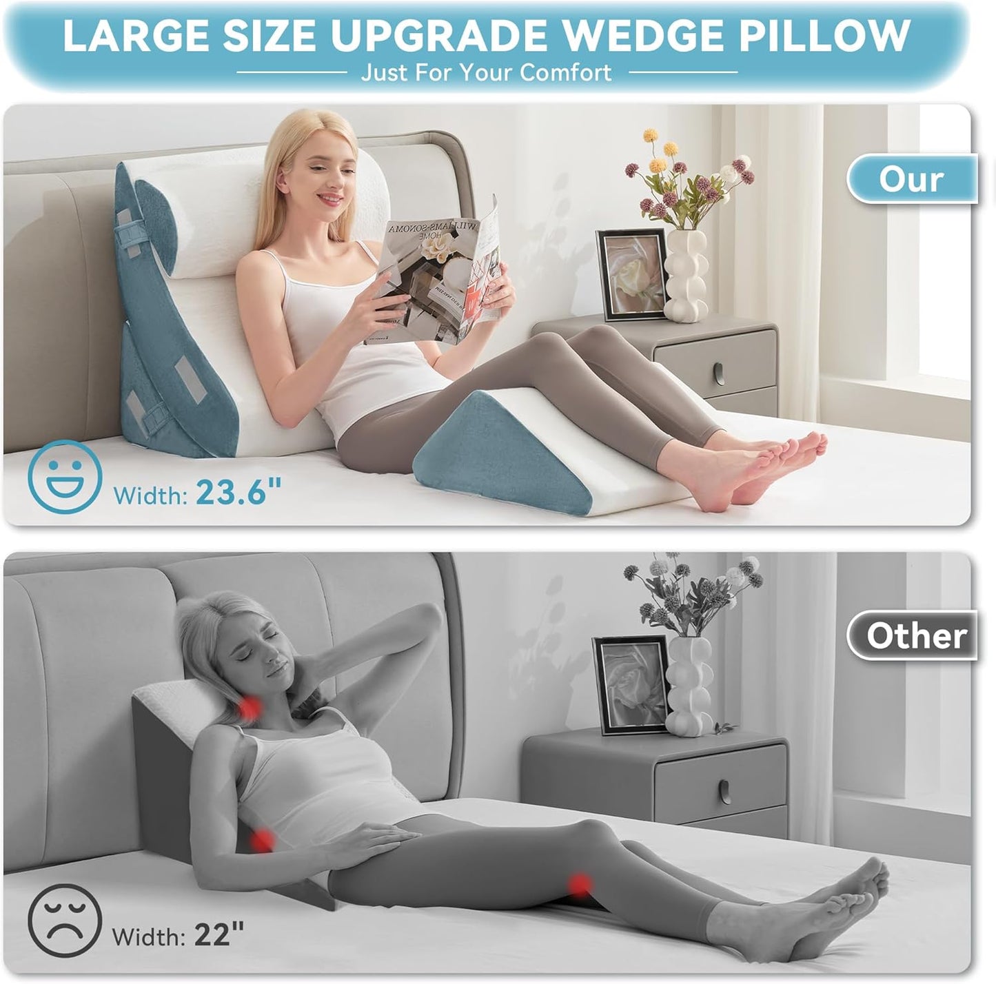 Kingfun 4PCS Orthopedic Bed Wedge Pillow Set for Sleeping, Post Surgery Memory Foam Support Pillows for Back, Neck and Leg Pain Relief, Adjustable Triangle Pillow - Acid Reflux, Anti Snoring & GERD