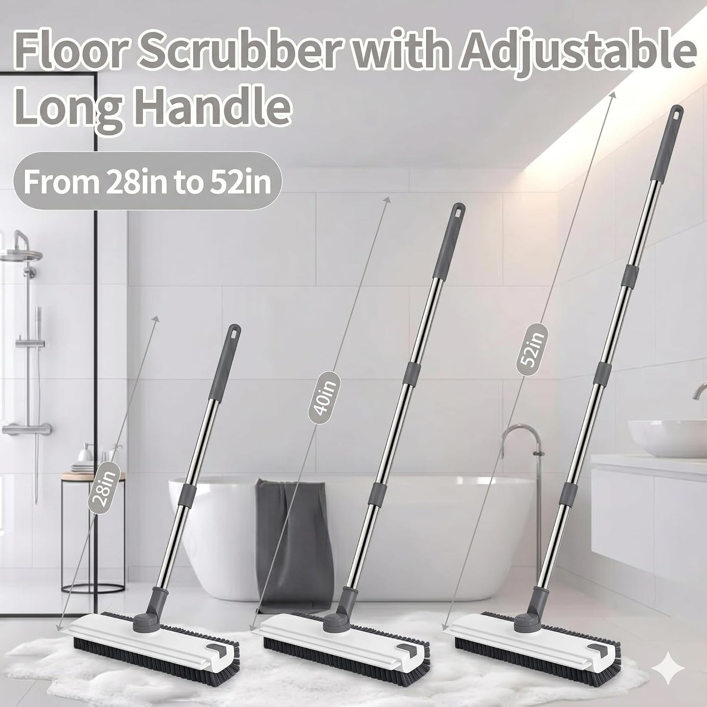 3 in 1 Floor Scrub Brush,Floor Scrubber with Squeegee and Tweezer, Push Broom with Long Handle,Heavy-Duty Stiff 90° Bristle Broom for Patio,Shower, Garage,Deck,Tile, Concrete & Wood Surface