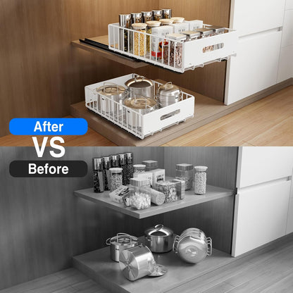 Mustorn 2 Pack Pull Out Cabinet Organizer, Slide Out Drawers for Cabinets, Peel and Stick, Heavy Duty Shelves for Kitchen, Cupboard, Pantry, Bathroom (16.5"D*11.8"W*3.94"H-Black)