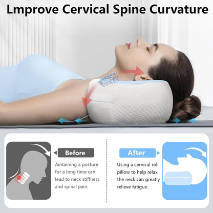 Cervical Neck Roll Pillow, Say Goodbye to Neck Pain, Travel Neck Support Pillow for Side Sleepers, Ergonomic Memory Foam Camping Pillow, Cervical Traction Device with Storage Bag