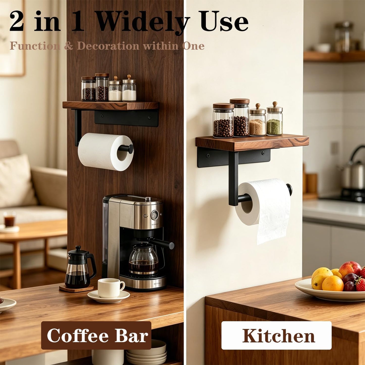 Toilet Paper Holder with Shelf, Thicken Metal Wall Mounted Toilet Roll Holders for Bathroom Washroom, Modern Toilet Tissue Holder Rustproof Paper Towel Storage Bathroom Decor (Black)