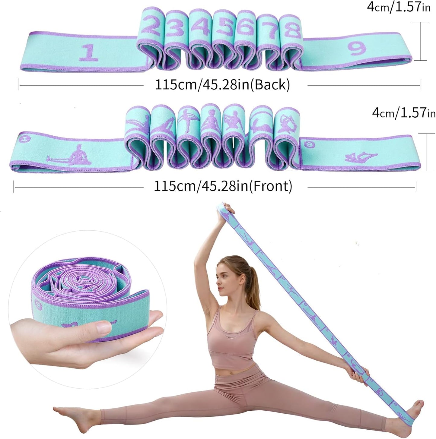 9 Loops Elastic Yoga Stretching Strap Pattern Guide, Resistance Stretch Band for Flexibility, Pilates, Dance, Gymnastics, Ballet, Physical Therapy, Leg & Body Stretching