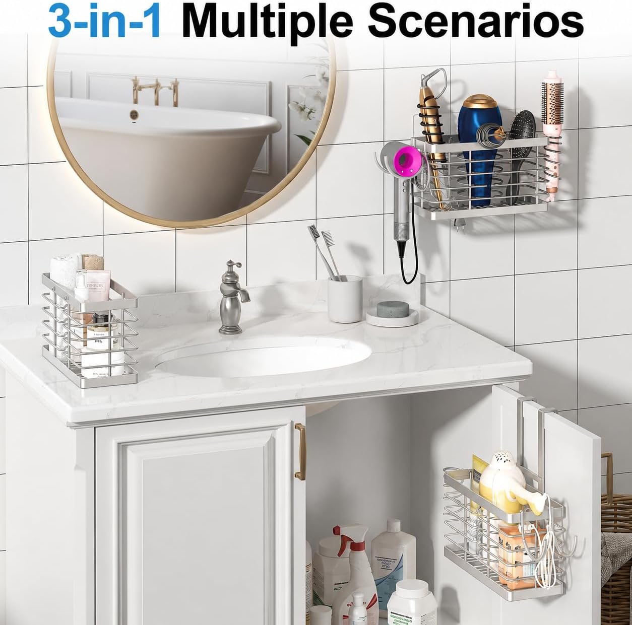 2026 Upgraded 3-in-1 Universal Hair Tool Organizer, XL Size, Black | Adjustable Height Metal Hair Dryer Holder, Wall Mounted, Over Cabinet Door, Countertop, Bathroom Storage