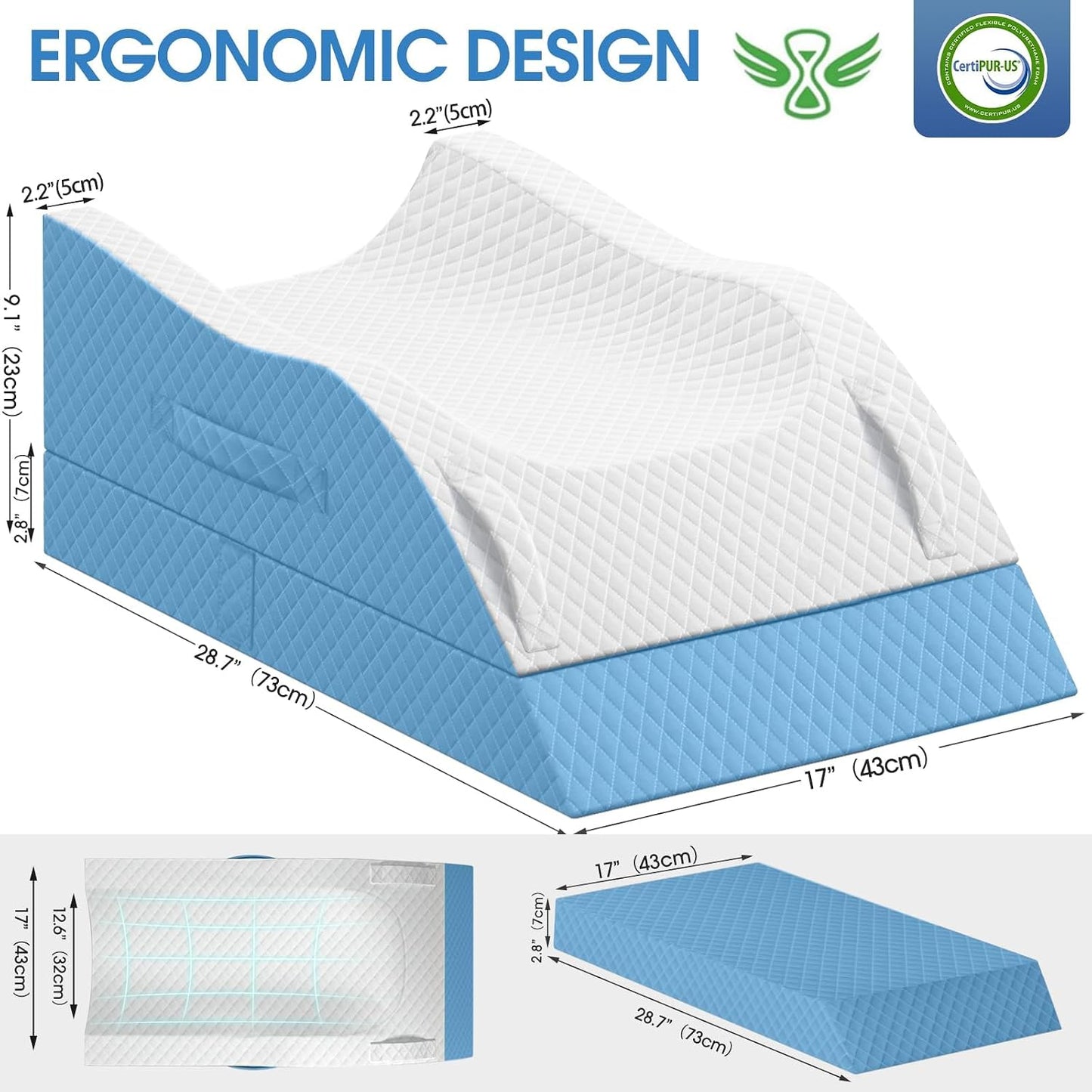 TranquilRelax Leg Elevation Pillows for After Surgery, Wedge Pillow, Grey | Memory Foam, All-around Knee & Ankle Support for Swelling, Height-adjustable, Nop-Slip Bottom, Washable Cover, Single-leg