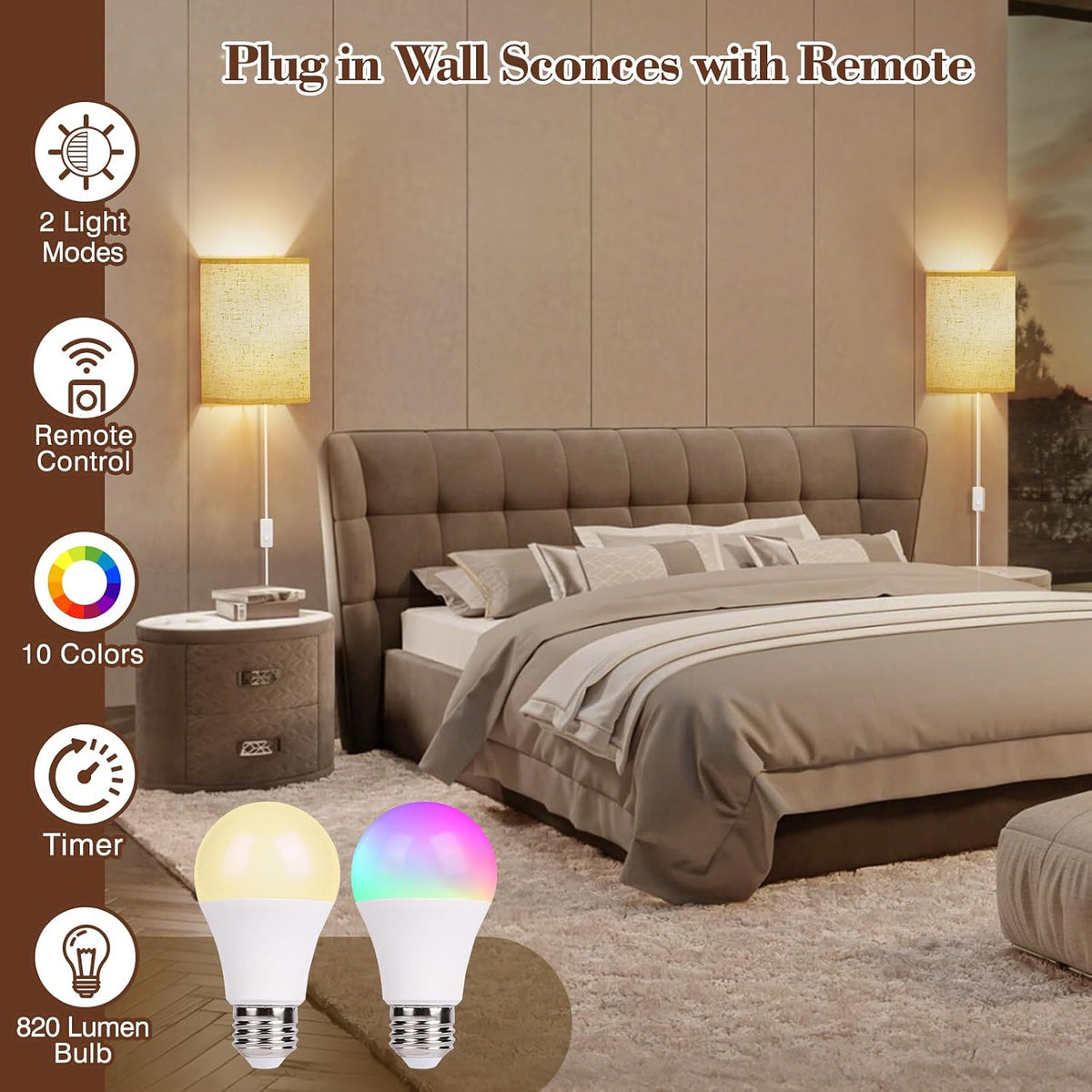 Battery Operated Rechargeable Wall Sconce Set of Two with 10000mAh Battery