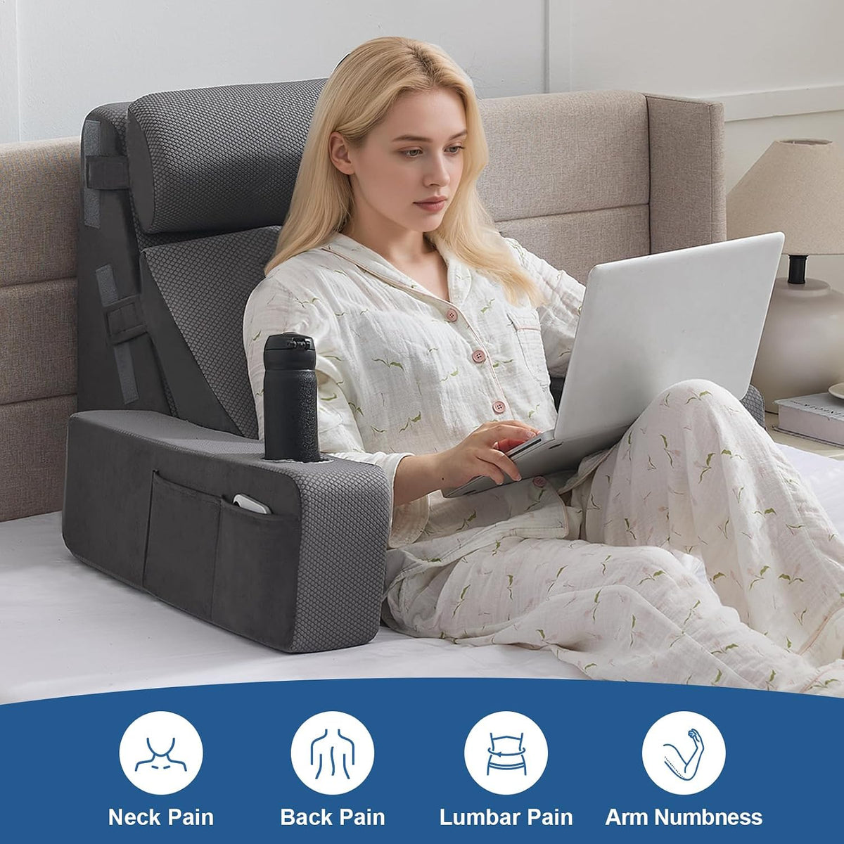 Reading Pillow for Sitting in Bed Adult, Back Pillow for Bed Sitting up with Arms, Pockets and Cup holder, Sit Up Backrest Pillows for Beds Chair Support, Rest Pillow for Gaming (Light gray)