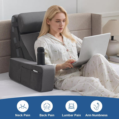 Reading Pillow for Sitting in Bed Adult, Back Pillow for Bed Sitting up with Arms, Pockets and Cup holder, Sit Up Backrest Pillows for Beds Chair Support, Rest Pillow for Gaming (Light gray)