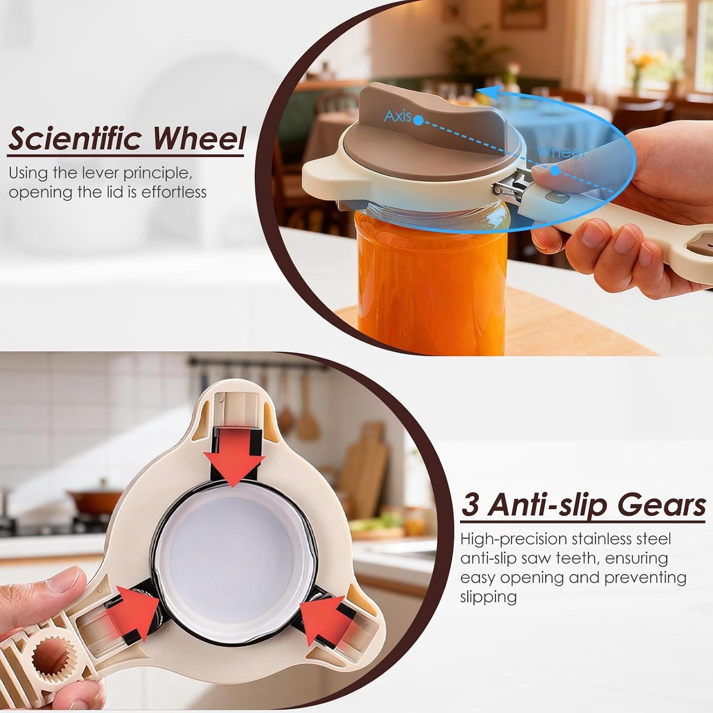 4 in 1 Multi-Purpose Jar Opener, with 3pcs Rubber Jar Openers, Adjustable Stainless Steel Lid Remover for Seniors & Arthritis Sufferers, for Weak Hands, Fits Kitchen Jars, Bottles & Cans (Beige)