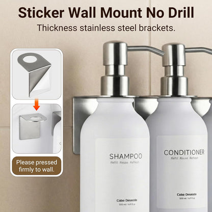 Shampoo and Conditioner Dispenser - Shower Soap Dispenser 3 Chamber No Drill - Bathroom Soap Dispenser Wall Mount Adhesive - Clear PET Bottles with Nature Bamboo Pumps Set Refillable 1500ml