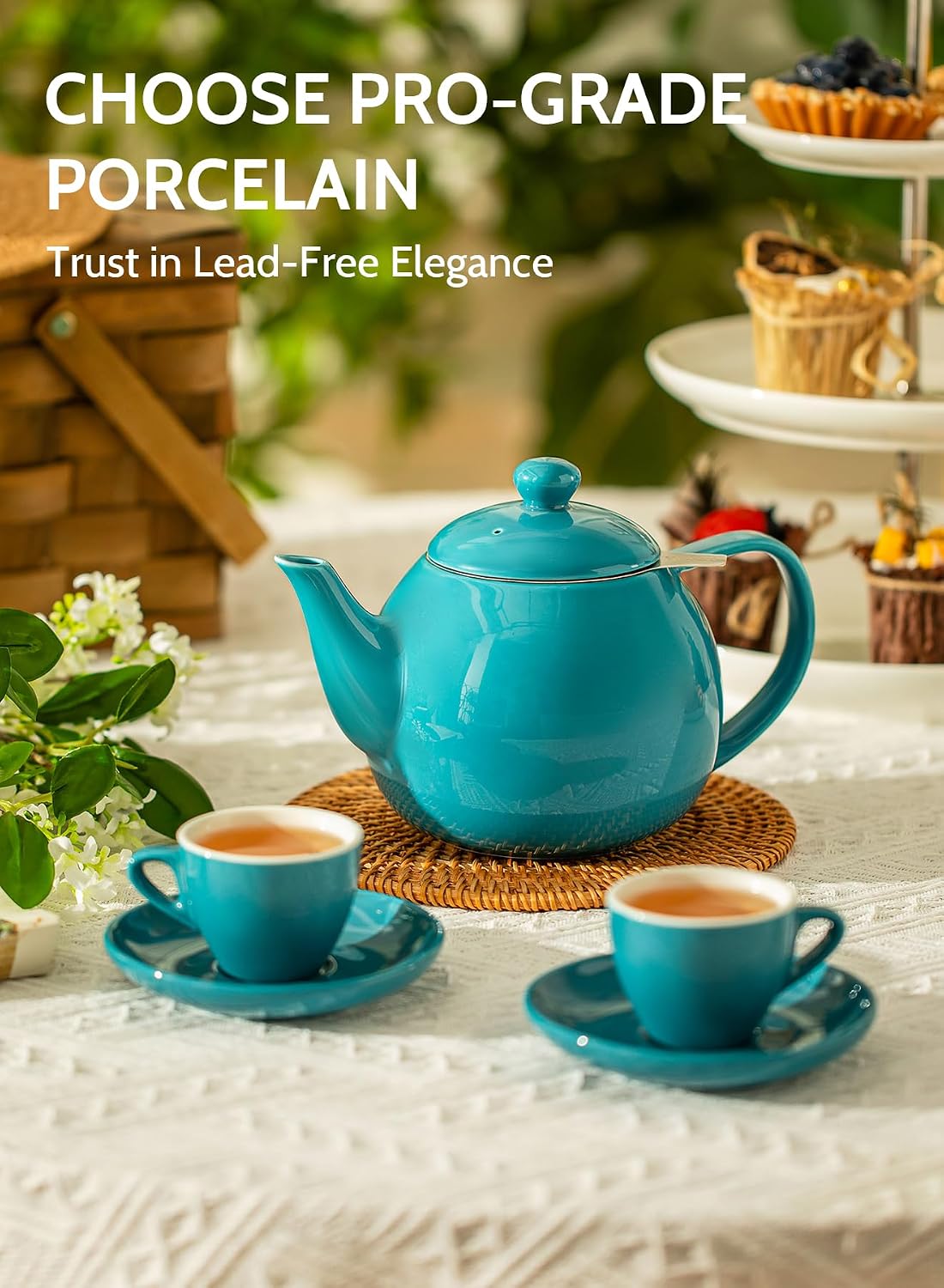 Sweese Teapots for Tea, 27 oz Porcelain Tea pot with Removable Stainless Steel Infuser, Tea Pots for Loose Tea - White