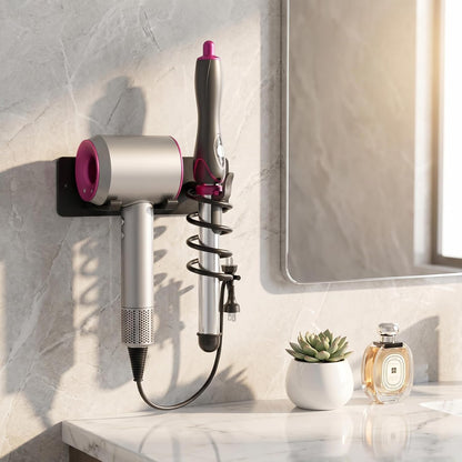 Universal Hair Dryer Holder, Self Adhesive Wall Mount, White | Universal storage rack fits most brand blow dryers, ideal for bathroom organization