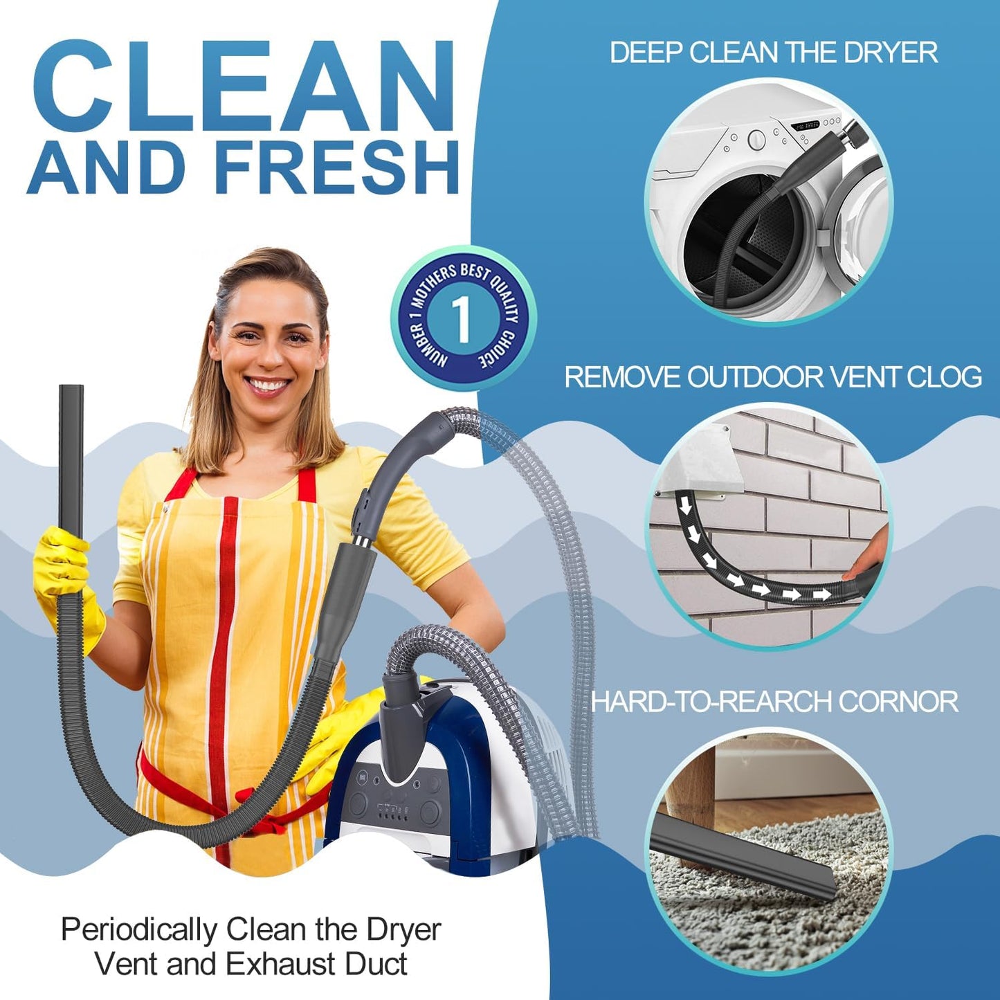 PetOde Dryer Vent Cleaner Kit – Dryer Vent Vacuum Hose Attachment Blue | Dryer Vent Cleaning Hose Reach Deep Inside Vents - Remove Hidden Lint, Speed Drying & Reduce Fire Risk