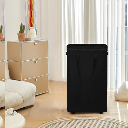 DOKEHOM 25" Slim Rolling Laundry Basket Hamper, Narrow on Wheels, Grey | Collapsible narrow laundry hamper with mesh drawstring closure. Foldable corner clothes storage bin for small spaces
