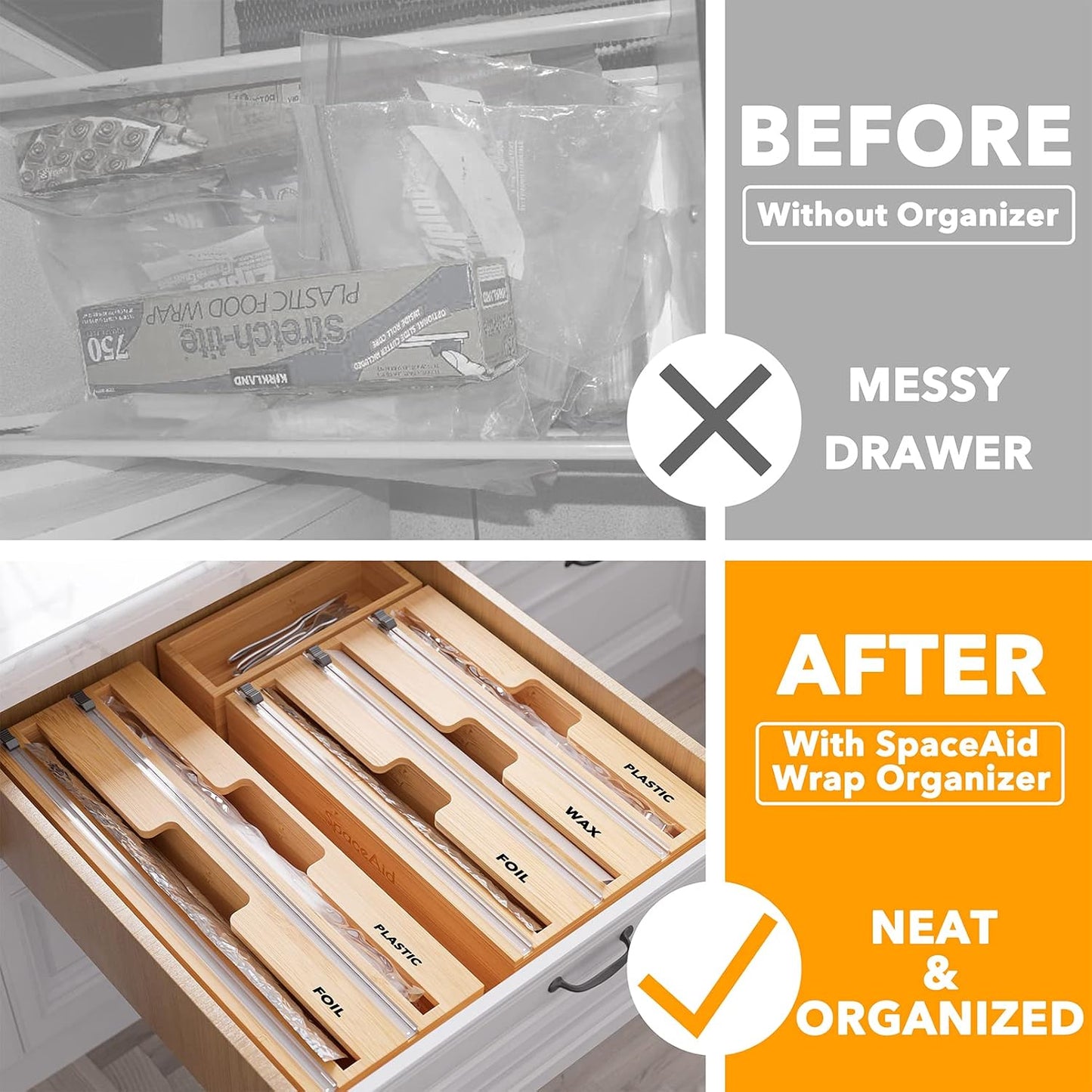 SpaceAid 2 in 1 Long Wrap Dispenser (Need 3" Deep Drawer) with Cutter, Plastic Wrap, Aluminum Foil Dispenser for Kitchen Drawer, Bamboo Roll Organizer Holder, Compatible with 15" Roll