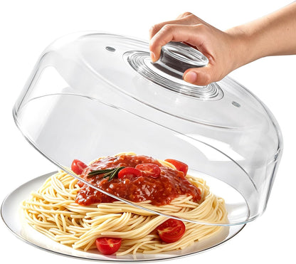 Heavy 12 Inch Borosilicate Glass Microwave Splatter Cover for Food | All Glass Tall Splatter Guard Microwave Plate Serving Dish Covers Lid with Handle for Heating Food