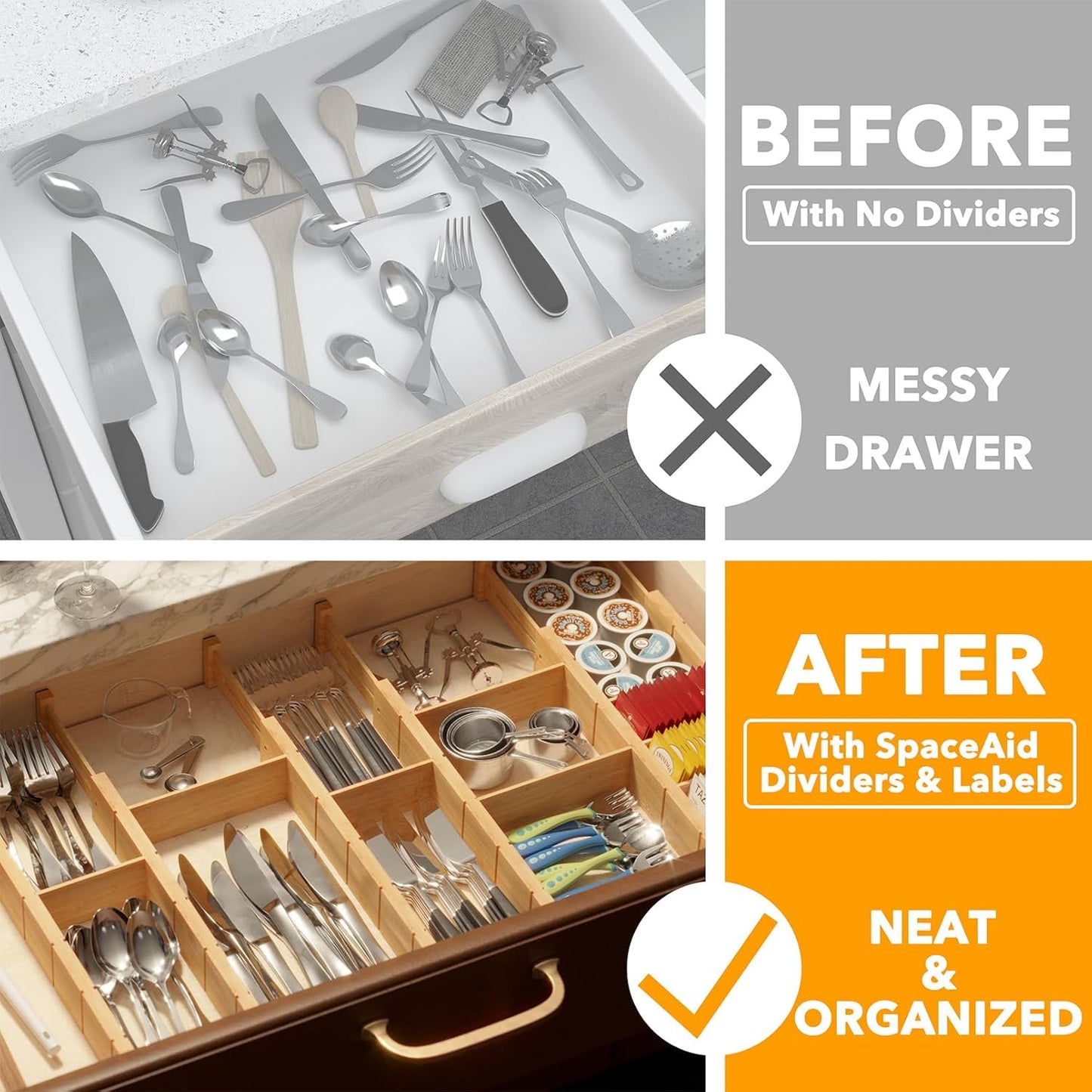 SpaceAid Bamboo Drawer Dividers with Inserts and Labels, Kitchen Adjustable Drawer Organizers, Expandable Organization for Home, Office, Dressers, 4 Dividers with 9 Inserts (17"-22" Natural)