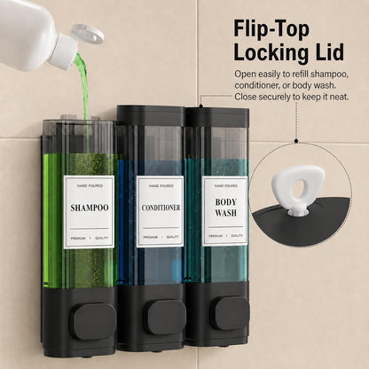 Shampoo and Conditioner Dispenser – Wall-Mounted Shower Soap Dispenser, No-Drill Installation, Lockable, 900 ml Capacity,for Bathroom & Hotel or Airbnb (Black, 3-Pack)