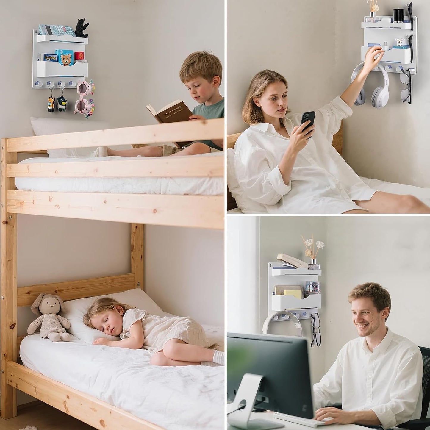 Bedside Wall Shelf with Glasses Hooks, Adhesive Bedside Organizer Wall Mount for Dorm and Room Accessories Phone，Remote，Earphone， Kindle (White)