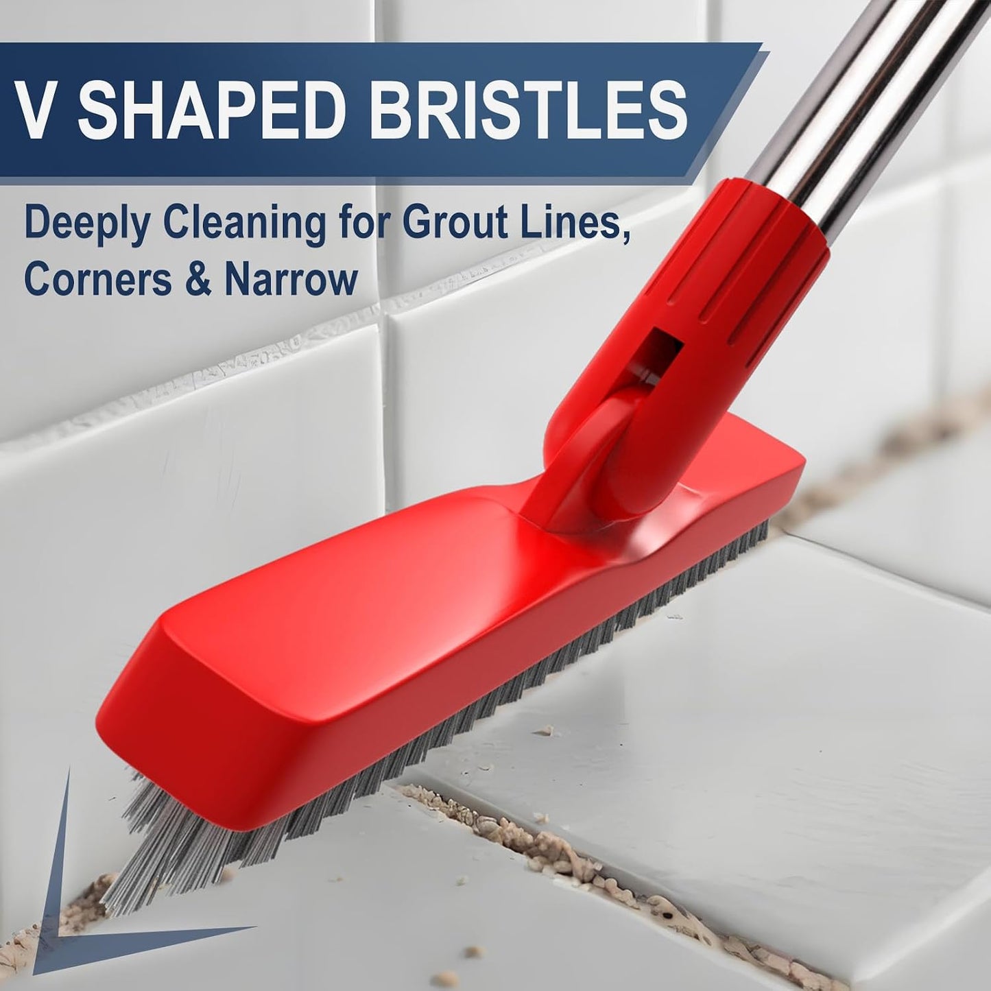 2 Pack Grout Brush with Long Handle, 56.5'' Swivel Grout Cleaning Brush,V-Shape Grout Scrub Brush, Extendable Handle Grout Cleaner Brush for Tile Floors，Bathroom,Baseboard,Shower,Corner