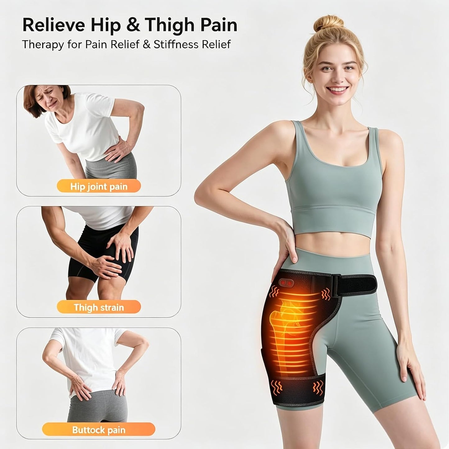 Hip Therapy Belt for Men & Women, Wearable Wrap for Hip, Lower Back, Buttock & Upper Thigh Comfort, Cordless Red Light Heating Pad with Vibration, 5000mAh Rechargeable Battery and Adjustable Fit