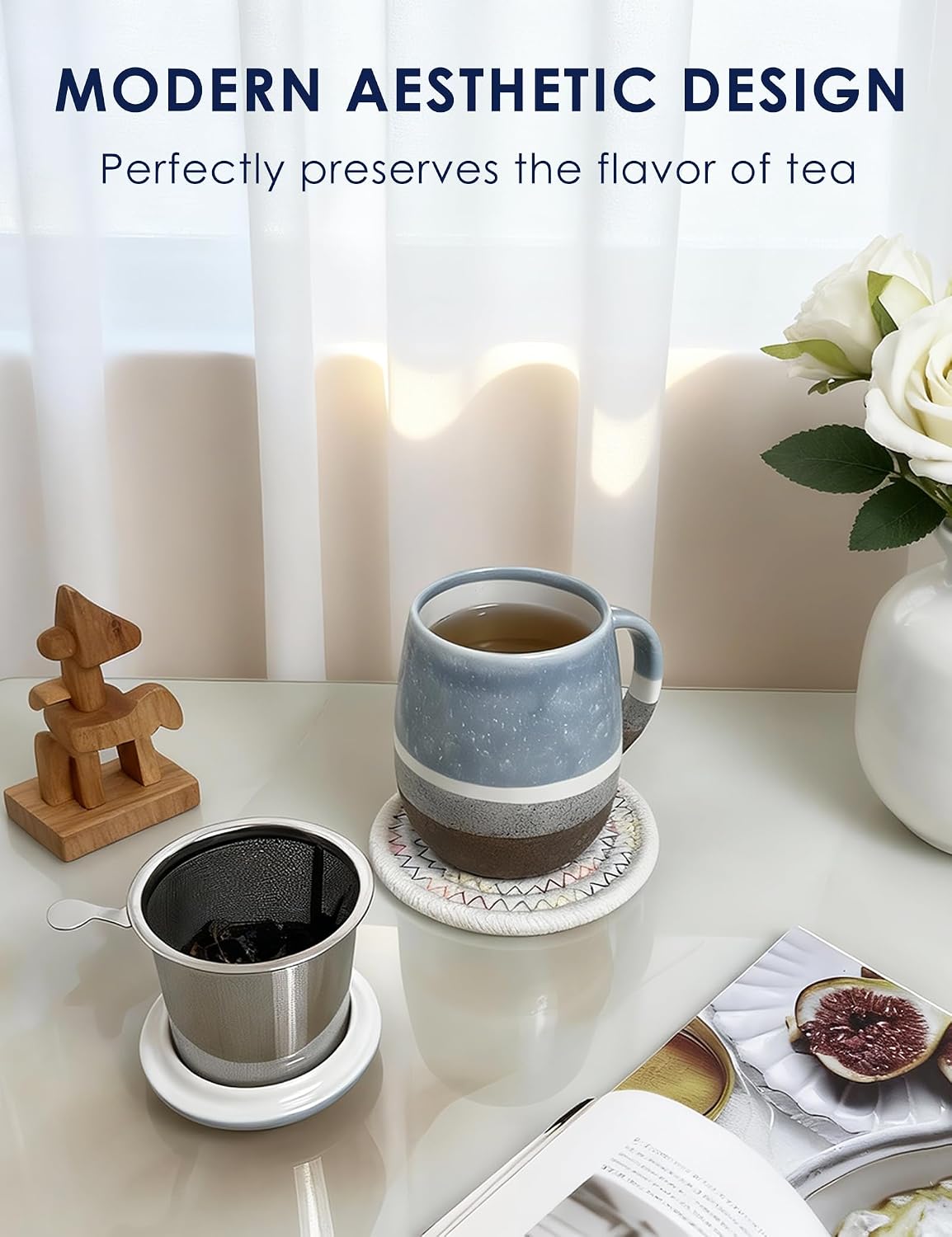 SISETOP 13.5 OZ Large Tea Cup with Infuser and Lid, Reactive Glaze Tea Infuser Mug, Ceramic Loose Leaf Teacup for Brewing, Microwave & Dishwasher Safe, Pale Blue