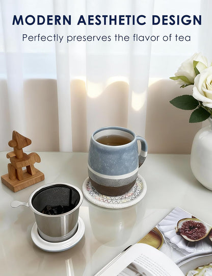 SISETOP 13.5 OZ Large Tea Cup with Infuser and Lid, Reactive Glaze Tea Infuser Mug, Ceramic Loose Leaf Teacup for Brewing, Microwave & Dishwasher Safe, Pale Blue