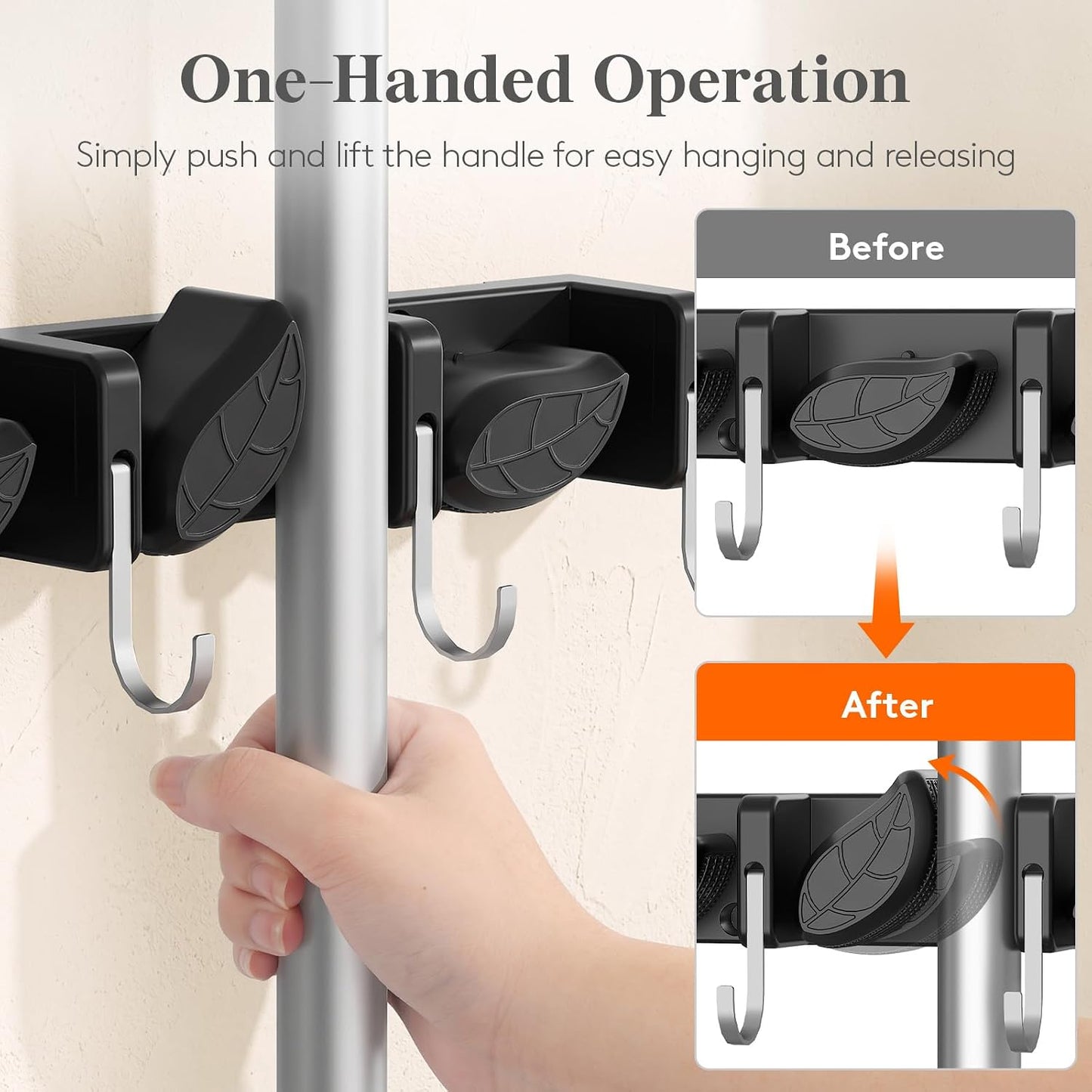 Lifewit Mop and Broom Holder Organizer Wall Mount Non-Slip, 1 Pack, Black | Easy Install One Handed Push Cleaning Tool Hanger with 6 Hooks 5 Slots, Heavy Duty Hanging Utility Rack for Garden, Garage