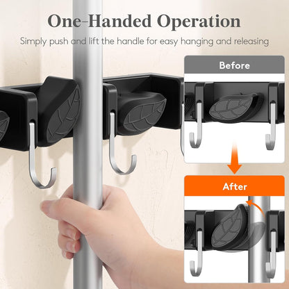 Lifewit Mop and Broom Holder Organizer Wall Mount Non-Slip, 1 Pack, Black | Easy Install One Handed Push Cleaning Tool Hanger with 6 Hooks 5 Slots, Heavy Duty Hanging Utility Rack for Garden, Garage