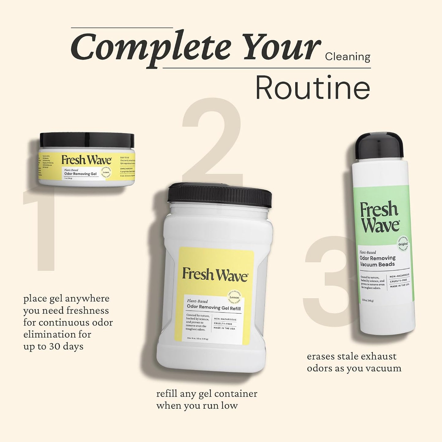Fresh Wave Original Odor Eliminator Gel 3-Pk 7 oz - Air Freshener for Home | Plant-based essential oils. Lasts 15-30 days per jar. No plug-in needed. Pet-safe, closet and bathroom deoderizer.