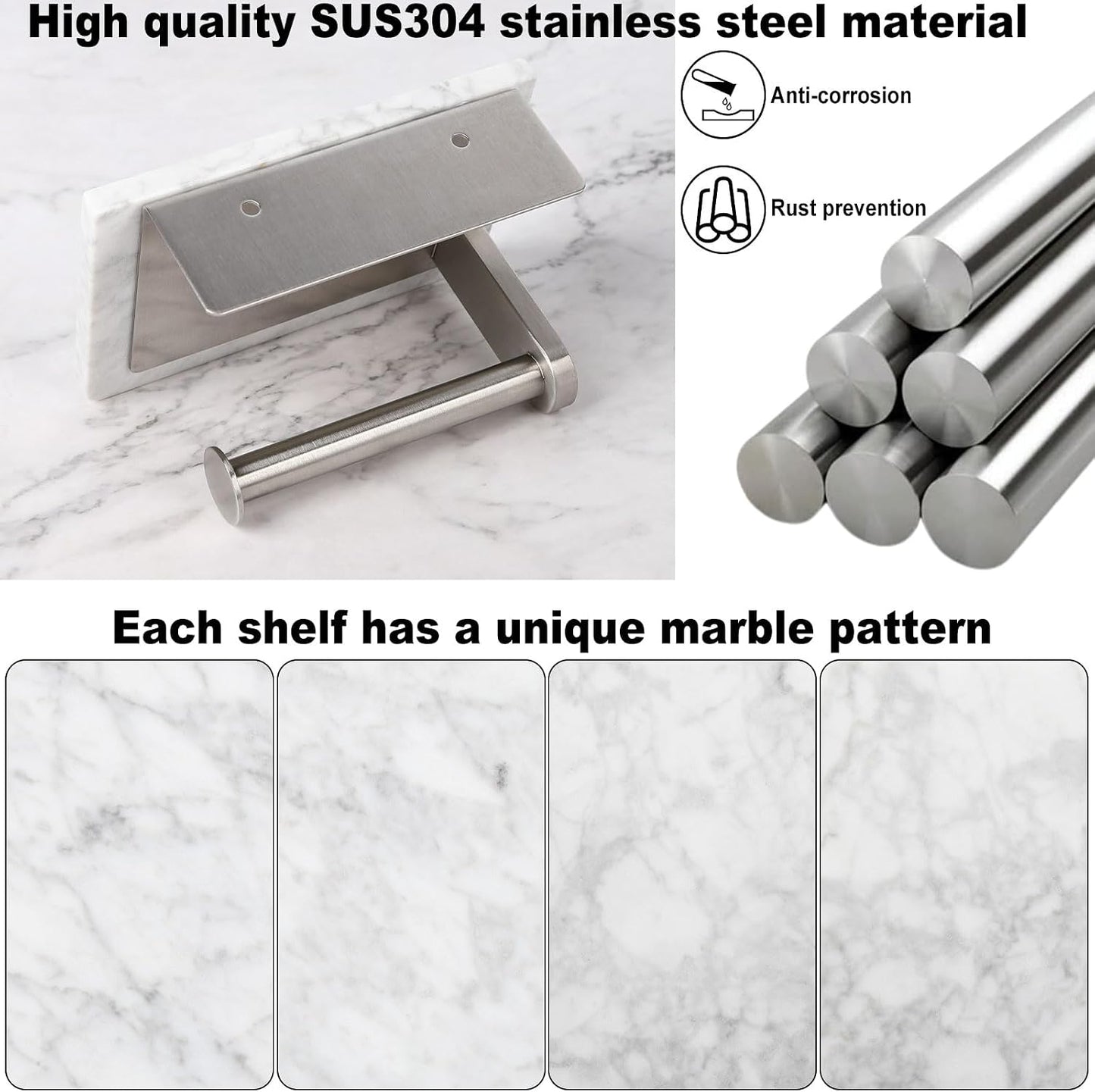 Toilet Paper Holder with Natural Marble Shelf for Bathroom Washroom,Wall Mounted Tissue Holder Suitable for Mega Roll (Brushed Nickel,Small 6.7 * 4.3 in)