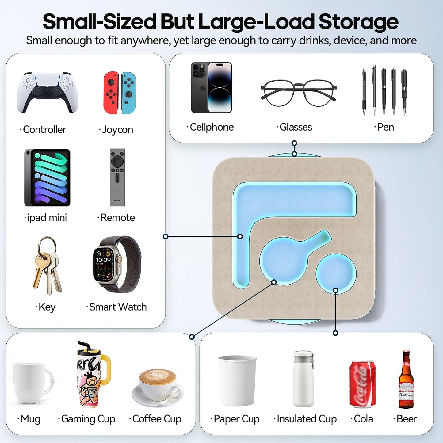 Couch Cup Holder Pillow, Sofa and Bed Caddy for iPad, Kindle, Switch, Game Controller, Remotes, Phones, Small-Sized Cup & Drink Holder for Couch, Bed, Desk, Car, Beach, Bathroom Cup Holder