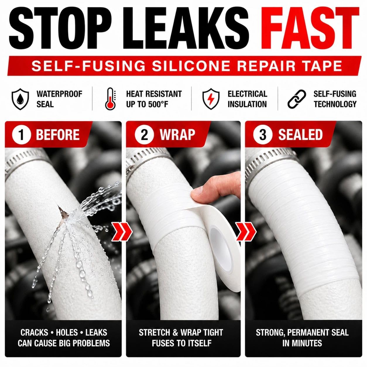 Self-Fusing Silicone Sealing Tape, Waterproof Repair Tape for Hose, Pipe, Electrical Cable, High Strength Leak Fix Wrap, Weatherproof Emergency Insulation Tape (1" x 5' x 20mil)
