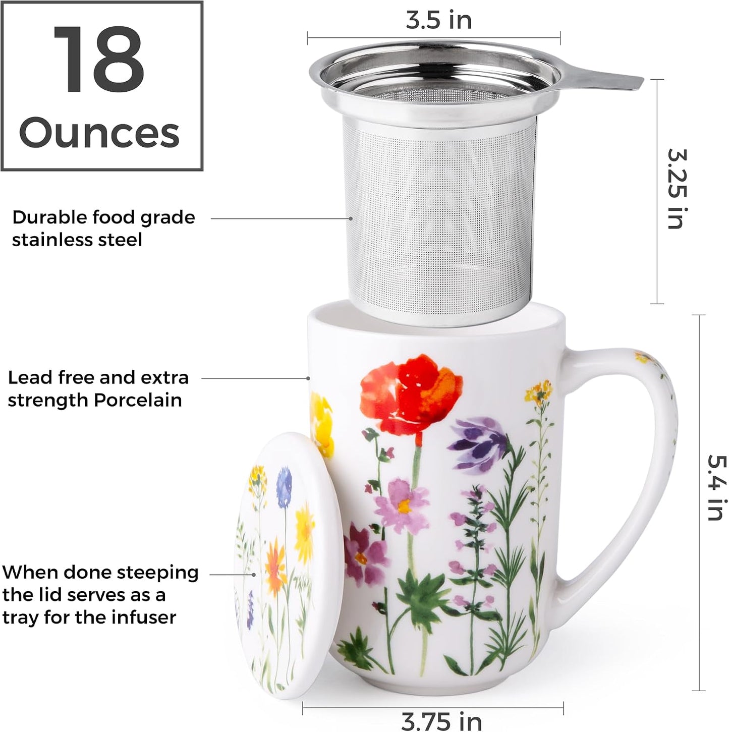 AmorArc Tea Cup With Infuser and Lid, 18oz Loose Leaf Tea Mug With Steeper | Porcelain Tea Mug With Infuser and Lid, Large Strainer Tea Cup with Lid for Tea, Coffee Mug for House-warming Birthday Gift