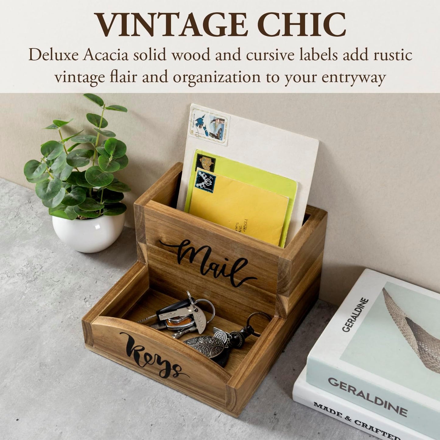 MyGift Rustic Torched Wood Mail Holder and Key Organizer Entryway Storage Tray with Cursive Mail and Keys Word Design, Office, Dorm, Classroom Desktop Organizing Bin