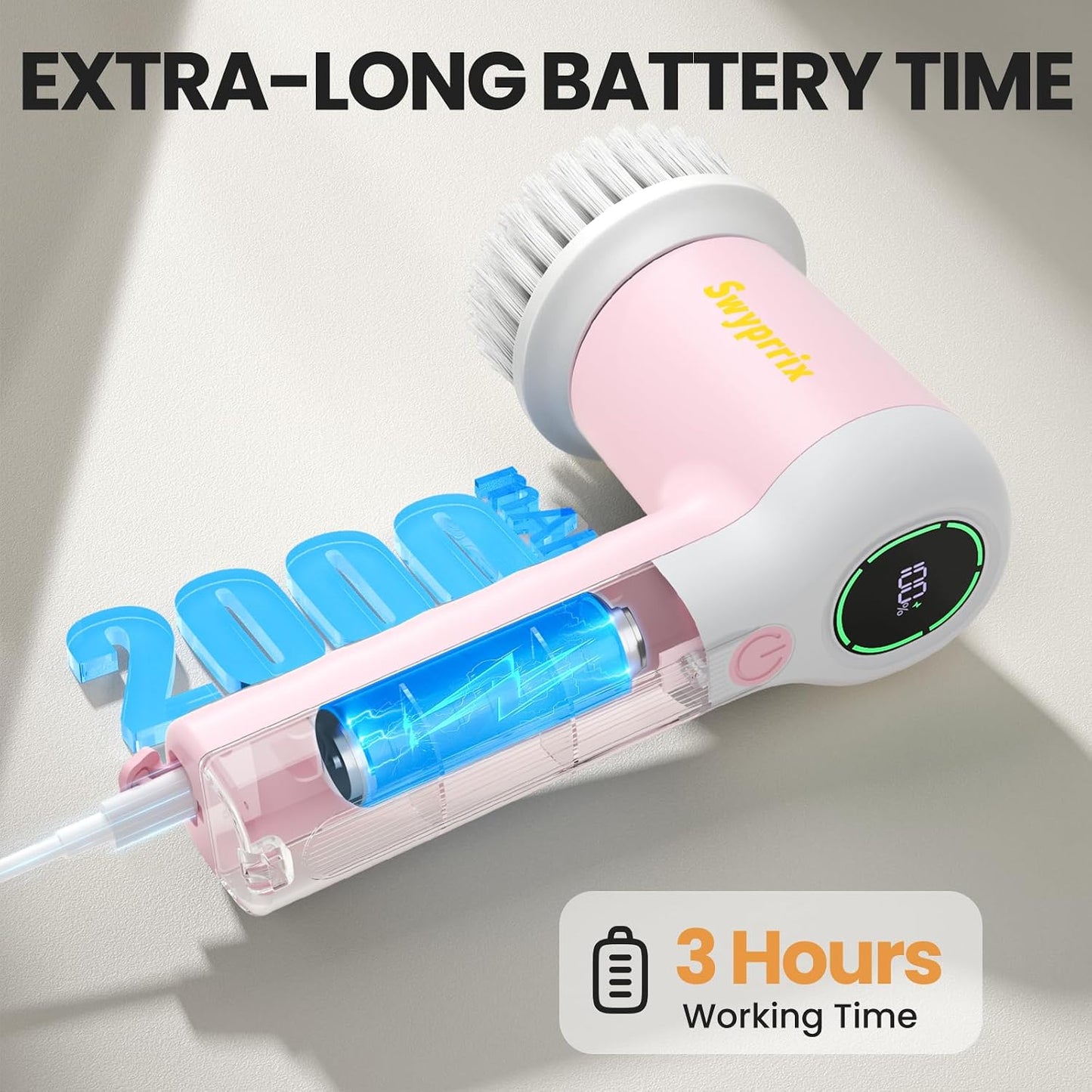 Electric Spin Scrubber for Bathroom and Shower Cleaning SD-CTB02 | 2 Speeds Cordless Power Cleaning Brush, 6 Replaceable Brush Heads, IPX7 Waterproof, For Bathroom, Sink, Tile, Kitchen, Grout