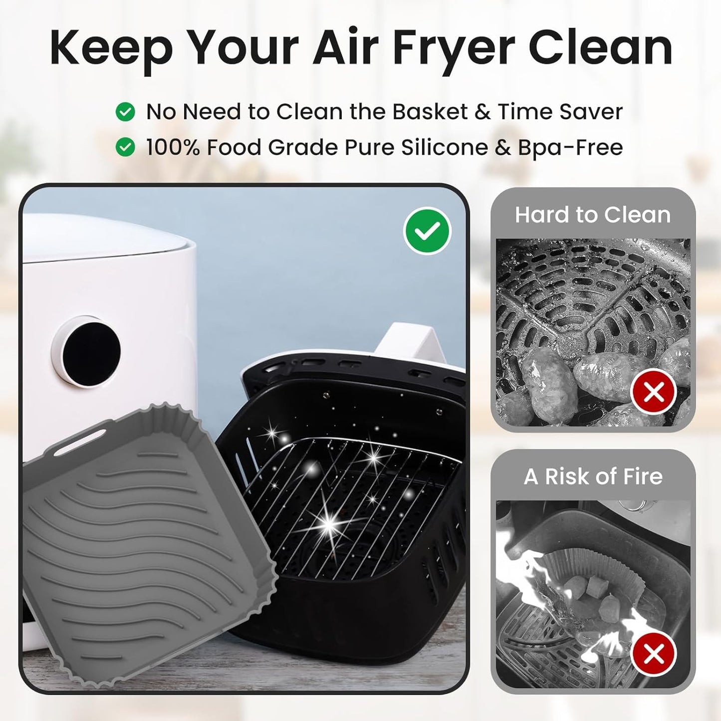 Redfly 2 Pack Silicone Air Fryer Liners, Square Reusable Non-Stick Basket Inserts for 4-5 QT Air Fryers, Dishwasher Safe Parchment Paper Replacement Accessories Gray & Black
