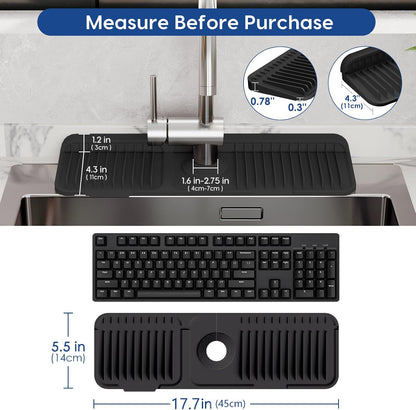 24-Inch Silicone Faucet Mat for Kitchen Sink Splash Guard, 7° Slope | 24"x5.5" water draining mat with fasten button; 1.6-2.75" customizable hole for bathroom, RV & kitchen sink drip catcher.