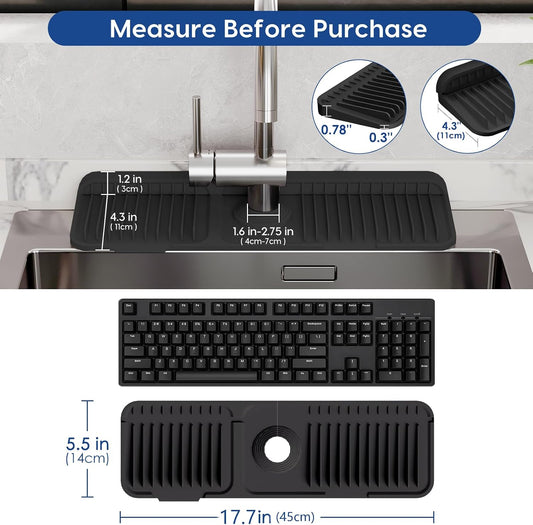 24-Inch Silicone Faucet Mat for Kitchen Sink Splash Guard, 7° Slope | 24"x5.5" water draining mat with fasten button; 1.6-2.75" customizable hole for bathroom, RV & kitchen sink drip catcher.