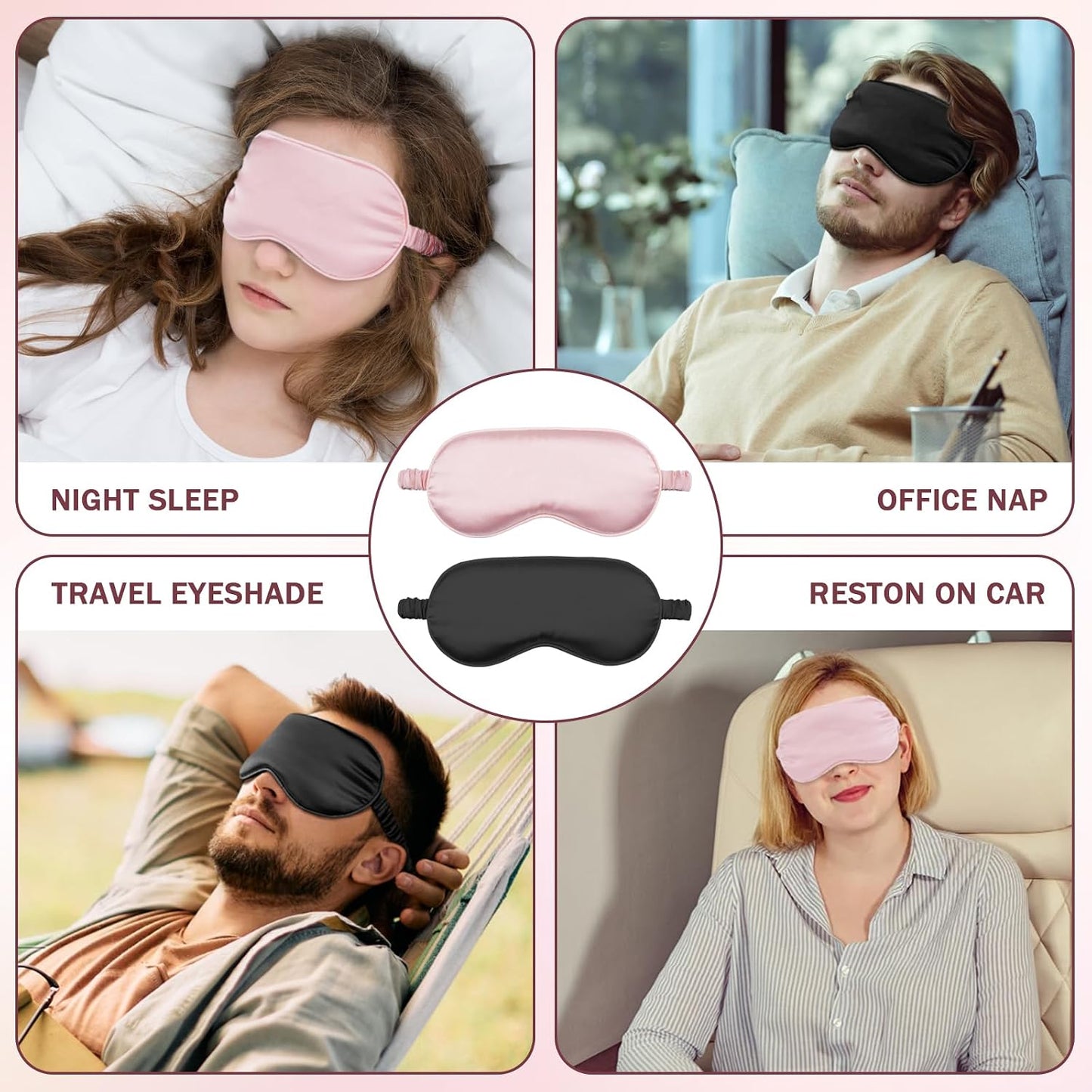Amrules Sleep Mask Set of 2, Adjustable Silk Eye Mask for Sleeping, Soft Sleeping Eye Shade Cover for Women, Good for Blocking Light, Reducing Puffiness, Enhancing Sleep Quality (Blush Pink & Black)