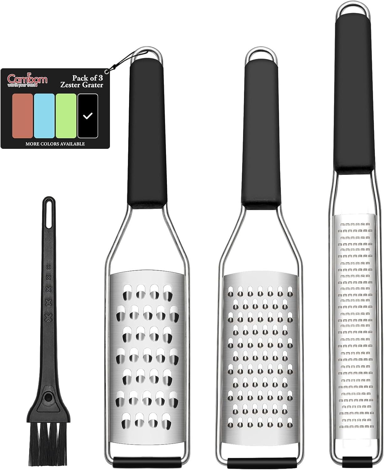 Cambom Lemon Zester Grater Three-piece Suit - Heavy Duty Kitchen Tool for Parmesan Cheese, Ginger, Garlic, Nutmeg, Chocolate, Vegetables，Fruits，Stainless Steel Grater Dishwasher Safe Black | 304 Stainless Steel, Sharp Tool for Parmesan Cheese, Ginger,