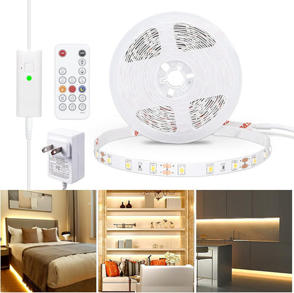 WOBANE 16.4ft Motion Sensor LED Strip with Remote,Warm White Tape Lighting | Dimmable LED Strip Lights for Kitchen, Under Cabinet, Bedroom, Shelf, Bed, PIR Function,Night Light,Adapter,3000K Warm White