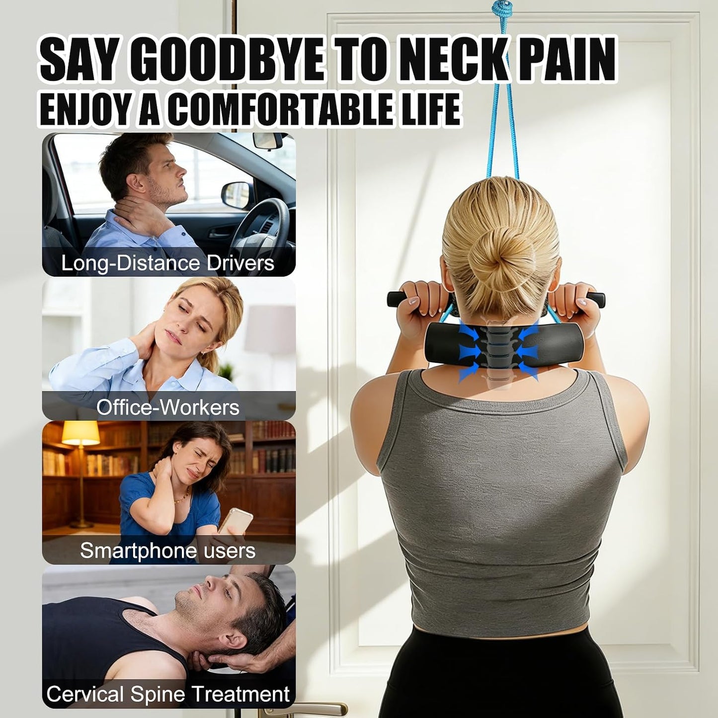 Portable Cervical Neck Traction Device Over Door for Home Use - Neck Stretcher Strap for Spinal Decompression, Pain Relief & Physical Therapy - Restore Natural Neck Curve & Alignment